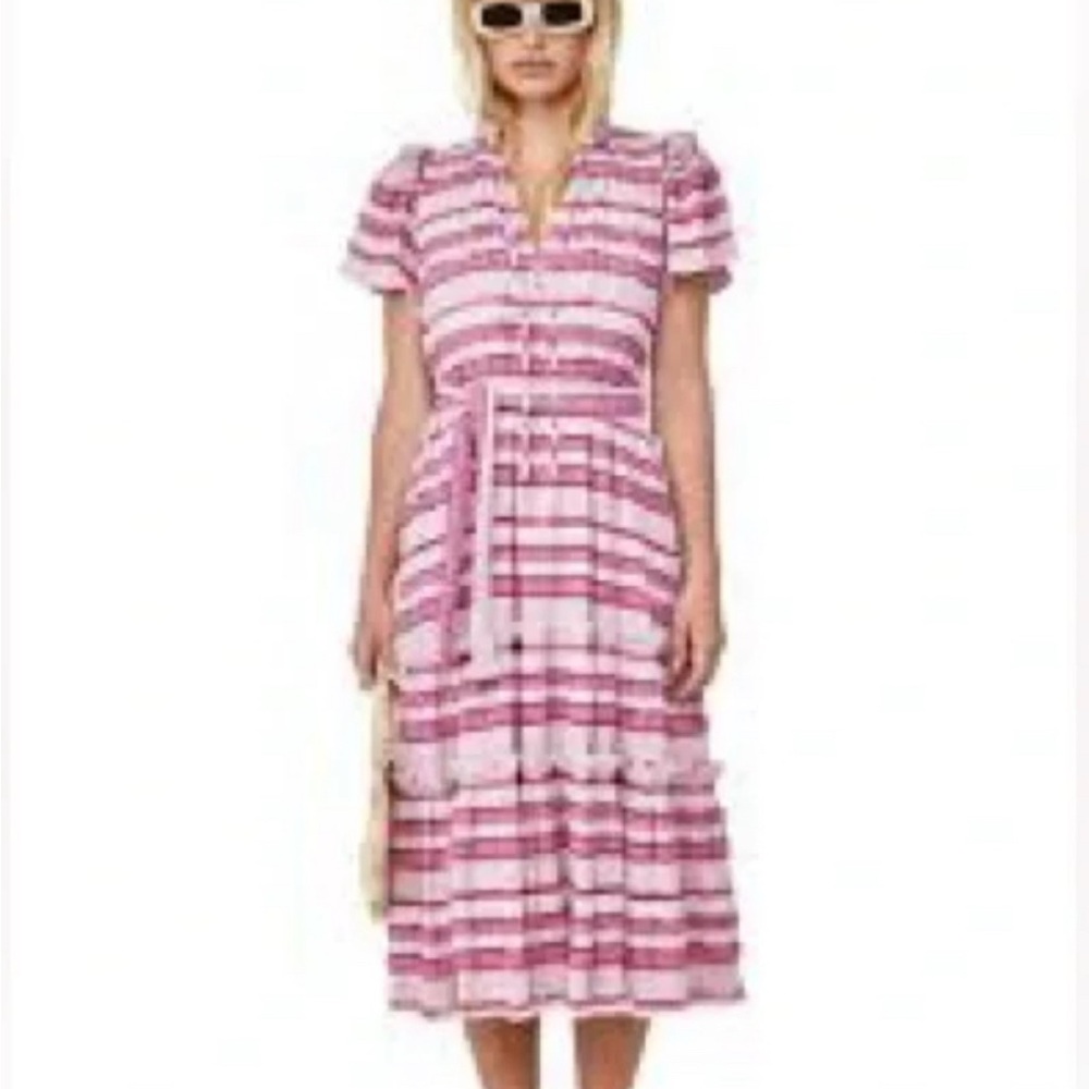 HUNTER BELL Pink and White Tiered Puff Sleeve Sundress